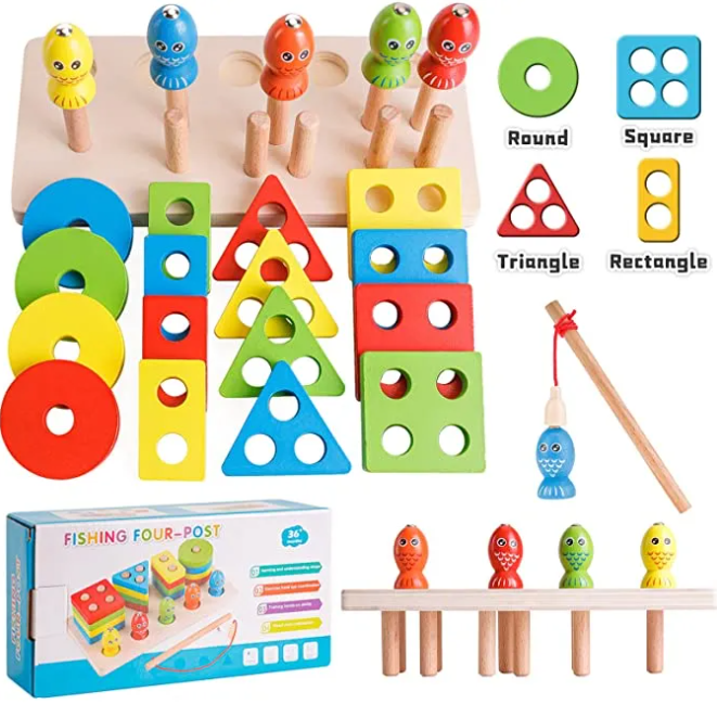 Post Educational Toy Wooden Fishing Column Shape Matching